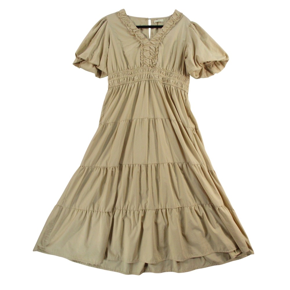 Kings Road Tan Ruffle V-Neck Tiered Midi Dress Smocked Waist Puff Sleeve Khaki
